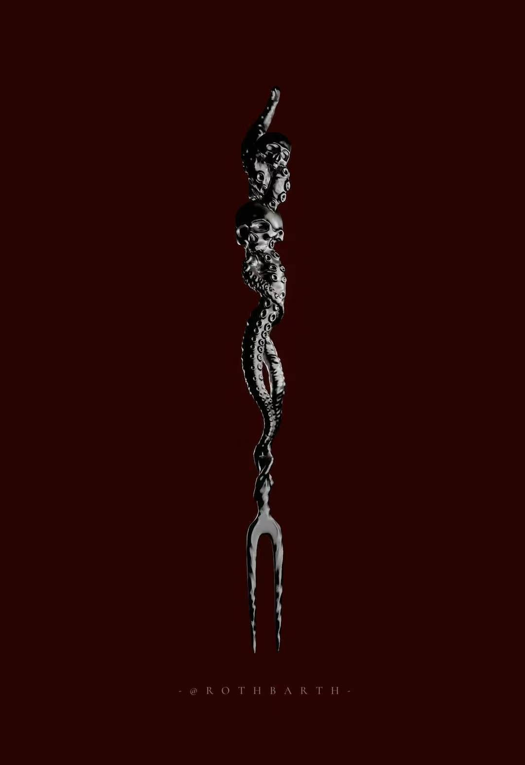 Tentacle Skull Sterling Silver Fruit Fork Handmade